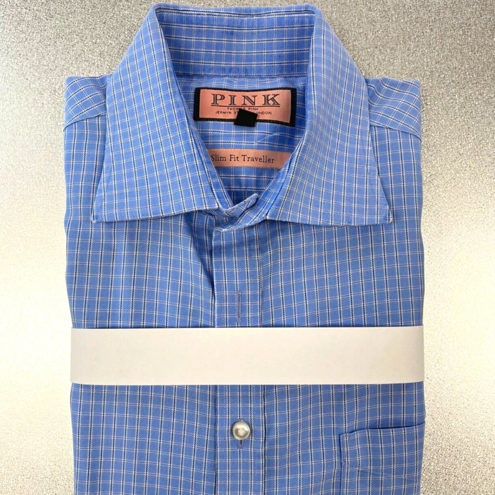 THOMAS PINK - Blue & White Slim Fit Core Poplin Gingham - Dry Cleaned and Folded